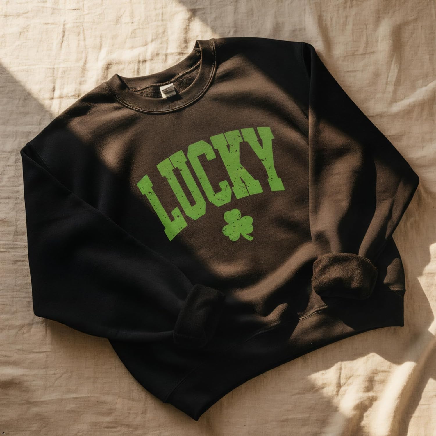 Lucky Shamrock Sweatshirt for Women, St. Patrick's Day, Lightweight Cotton Blend, Relaxed Classic Fit, Distressed Print - Image 2