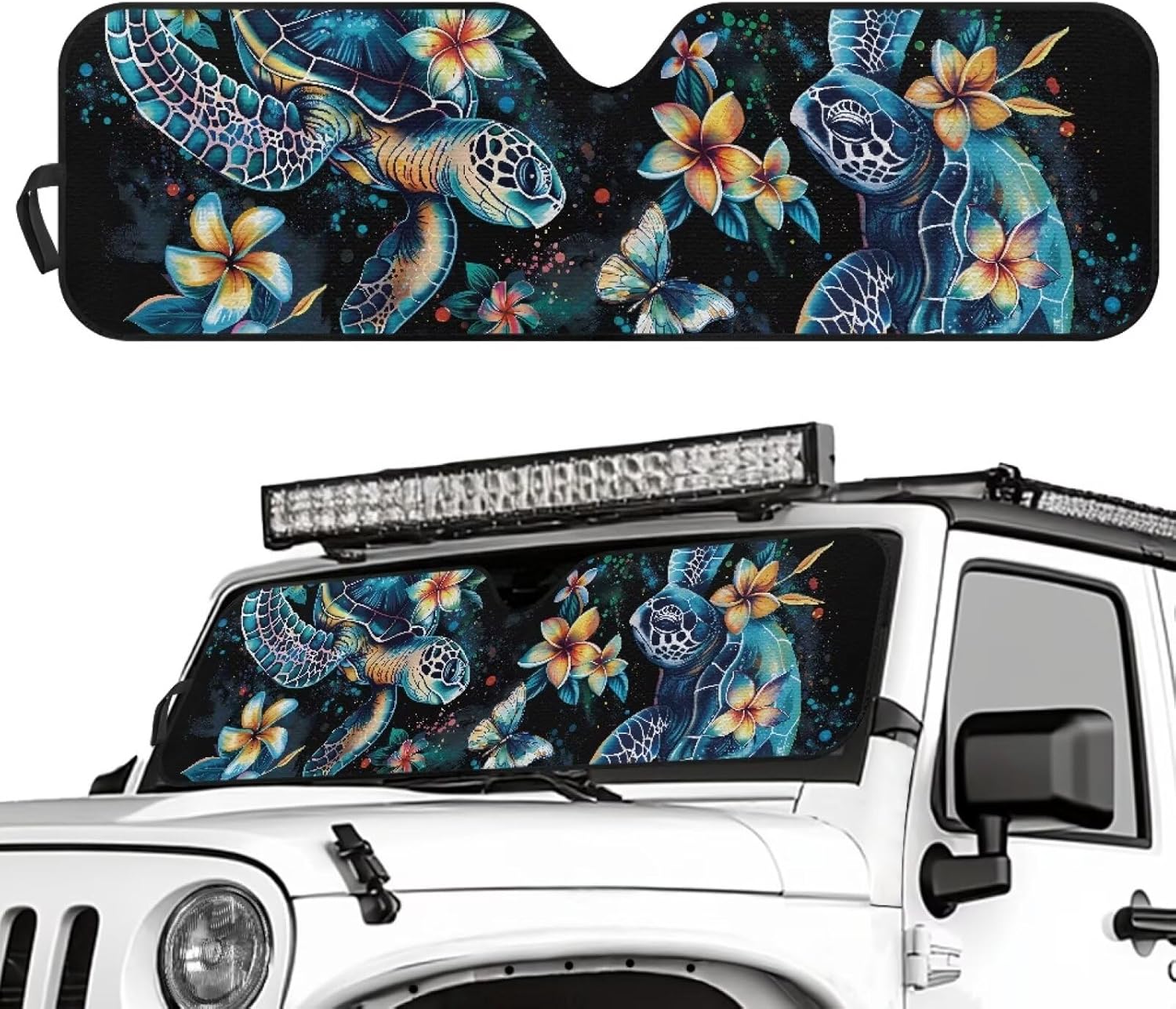 Tuoxiukan Sea Turtle Car Windshield Sun Shade Foldable Front Window Sun Shade for Jeep Rubicon Sahara TJ JK JKU 2 & 4 Door UV Rays Protection Boho Floral Auto Interior Accessories