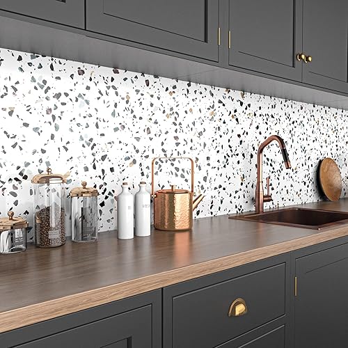 Miniatura 6 de AbaBoorty Papel de contacto de granito de 15.8 x 197 pulgadas, papel de contacto de terrazo blanco para encimeras, papel tapiz autoadhesivo de