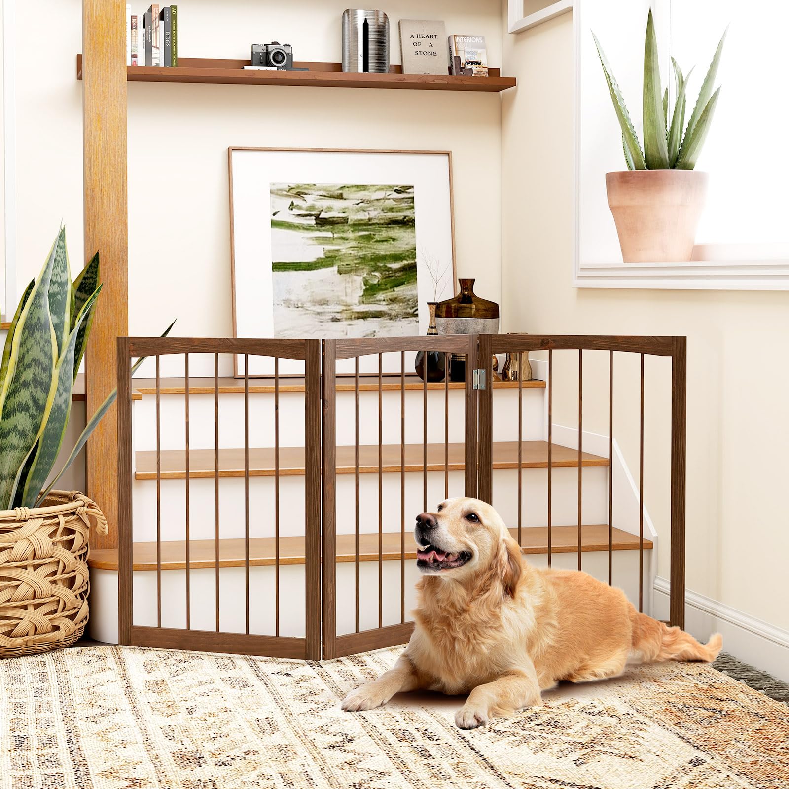 COSTWAY Barra para Perros Plegables, Barrera de Seguridad para Interiores, Separador de Habitaciones de 3 Paneles Plegable y Autoportante para Mascotas Pequeños y Medianos (Marrón)