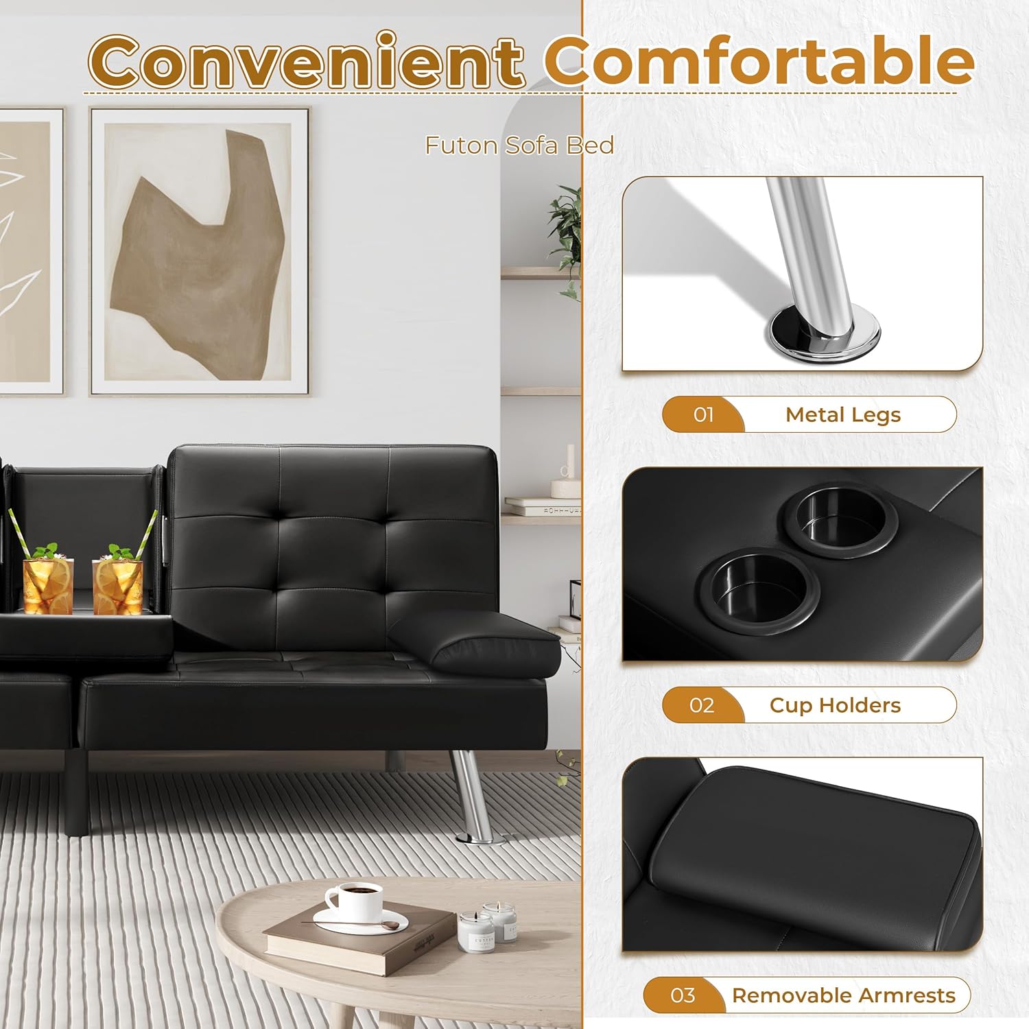 VICTONE Futon Sofa Bed Modern Faux Leather Couch Bed Convertible Folding Recliner for Living Room with 2 Cup Holders and Armrest (Black)