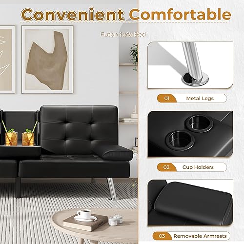 Miniatura 7 de VICTONE Sofá cama futón moderno de piel sintética, sillón reclinable plegable convertible para sala de estar con 2 portavasos y reposabrazos (negro)