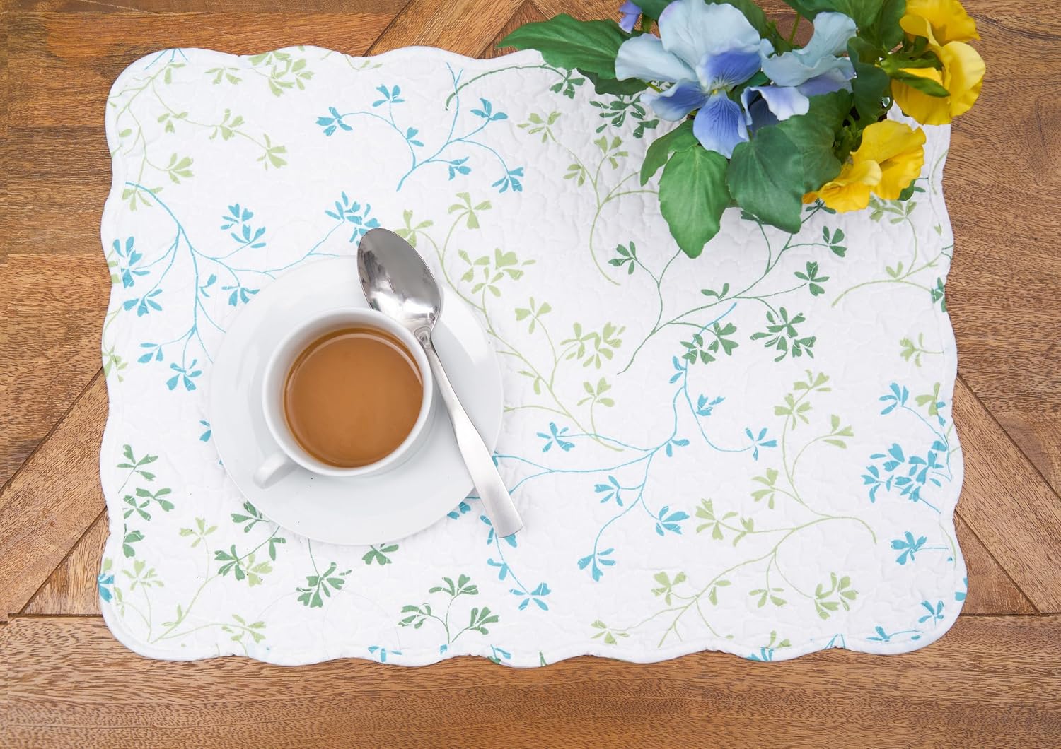 C&F Home Olivia Vintage Blue & White Flowers 100% Cotton Quilted Set of 6 Placemats 13" x 19" Versatile Spring Springtime Easter Home Kitchen Dining Dinner Table Tabletop Scalloped Reversible Machine