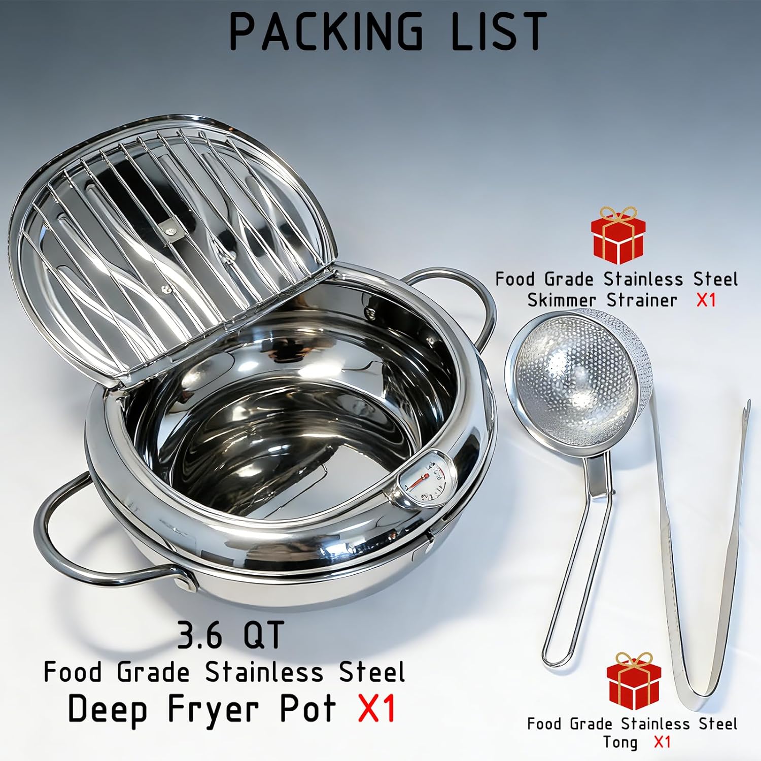 304 Food Grade Stainless Steel Deep Fryer Pot, 3.4L Small Tempura Frying Pot with Lid and Oil Drip Drain Rack. Includes Tong and Skimmer Strainer (3.6QT, Suitable for 3-6 people)