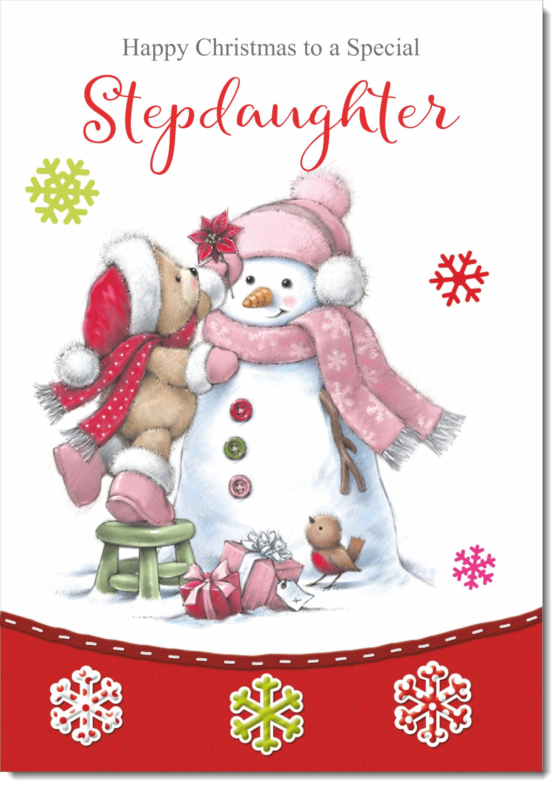 doodlecards Stepdaughter Christmas Card Cute Bear with Snowman Large A4 Size Christmas Card for Stepdaughter with Plain Envelope — image 1