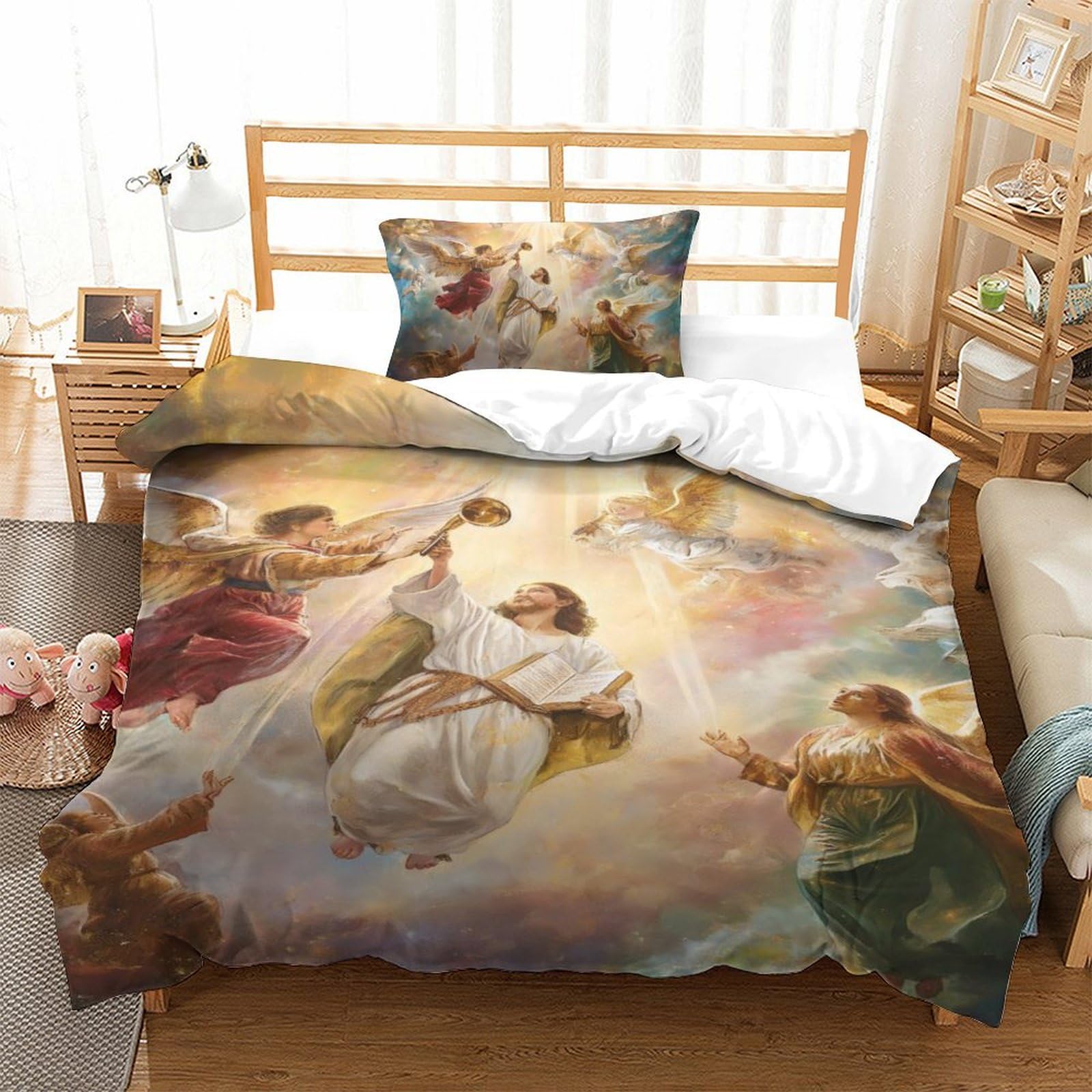 Housse de couette Jésus 3D avec taies d'oreiller pour lit single 135x200 cm