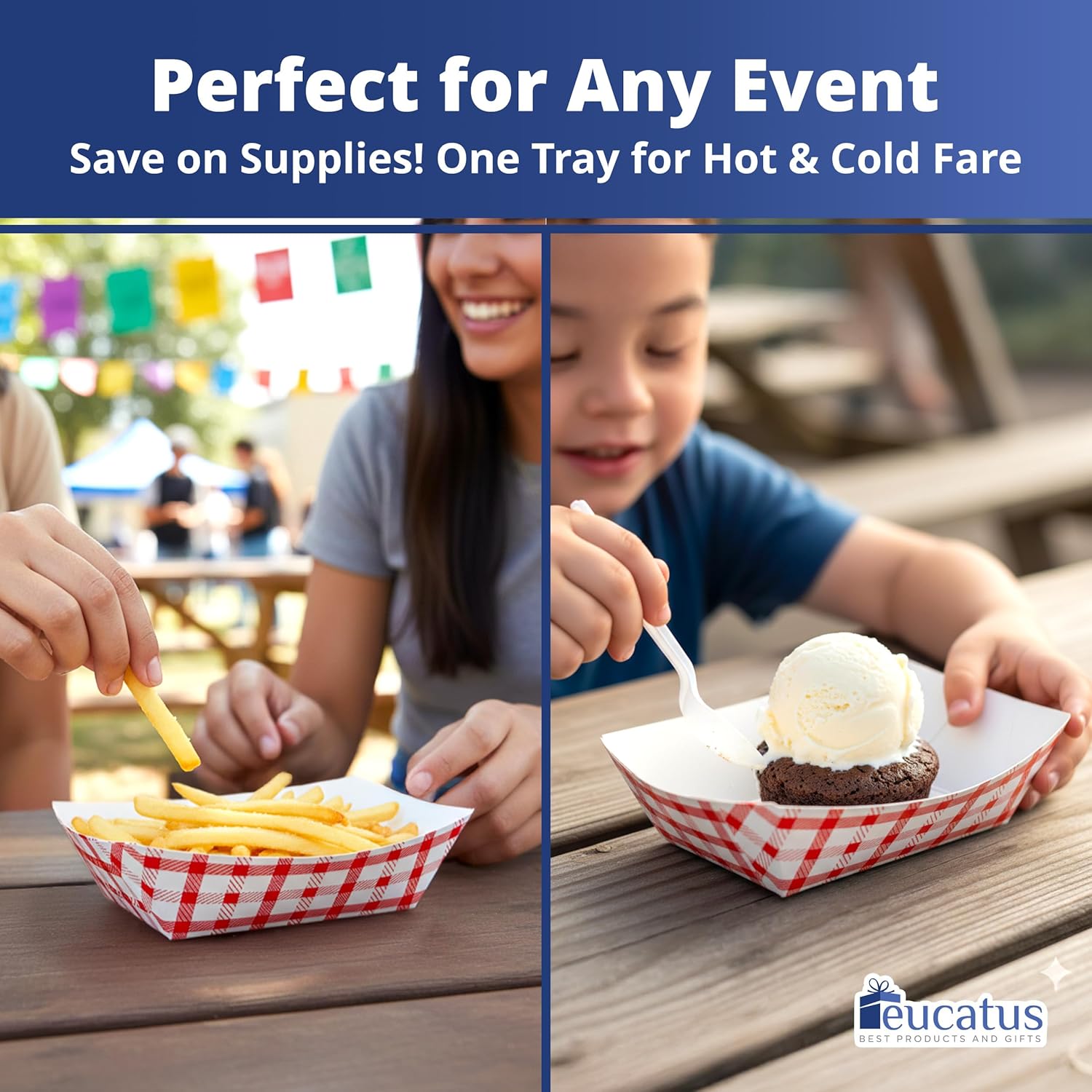 Heavy Duty, Greaseproof 1 Lb Paper Food Trays 100 Pk. Recyclable, Coated Mini Paperboard Baskets. Ideal Tray for Festival, Carnival and Concession Stand Treats Like Fries, Ice Cream and Onion Rings