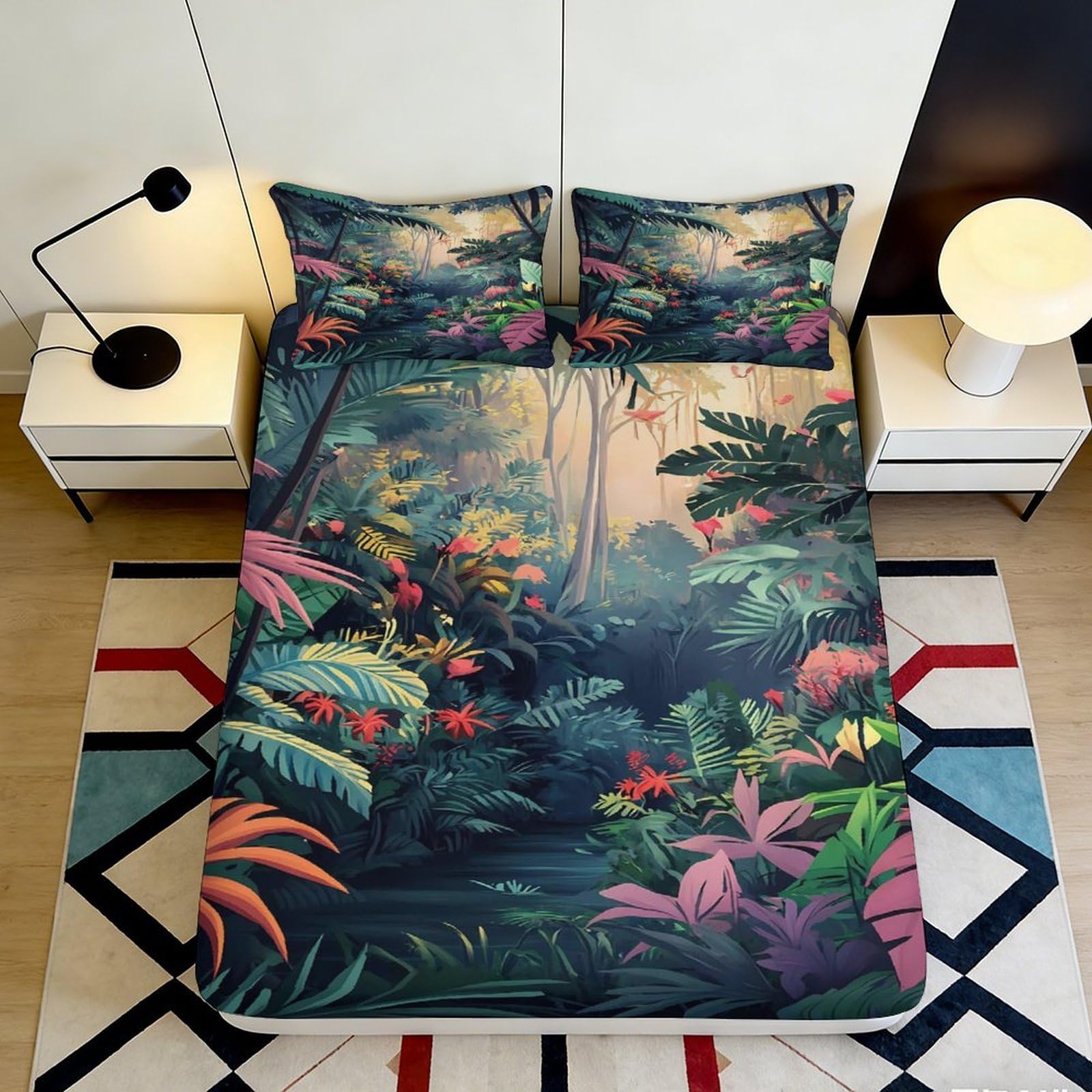 3D Printed Tropical Jungle Fitted Sheet Microfiber Soft Breathable Rainforest Mattress Cover for Bedroom Guest Room Decor 90x200x25cm