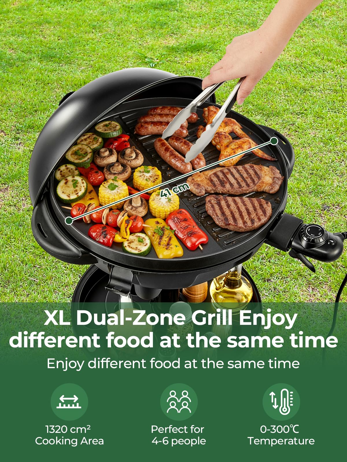 FOHERE 2400W Barbecue Électrique 2 in 1: Grill sur Pied & de Table, Température Réglable 0-300°C, 2 Zones Plaque Antiadhésive Ø41cm, Étagère à Condiments et Bac à Graisse, Noir