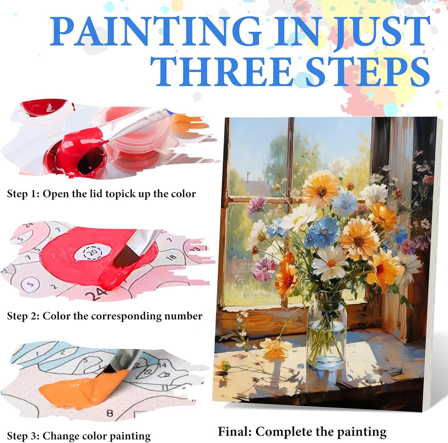 PRASIO Framed Paint by Numbers Kit for Adults Beginner, Flowers Adult Paint by Number Kits on Canvas Framed, DIY Acrylic Watercolor Oil Paint by Numbers with Frame for Gift Home Decor 16x20 Inch