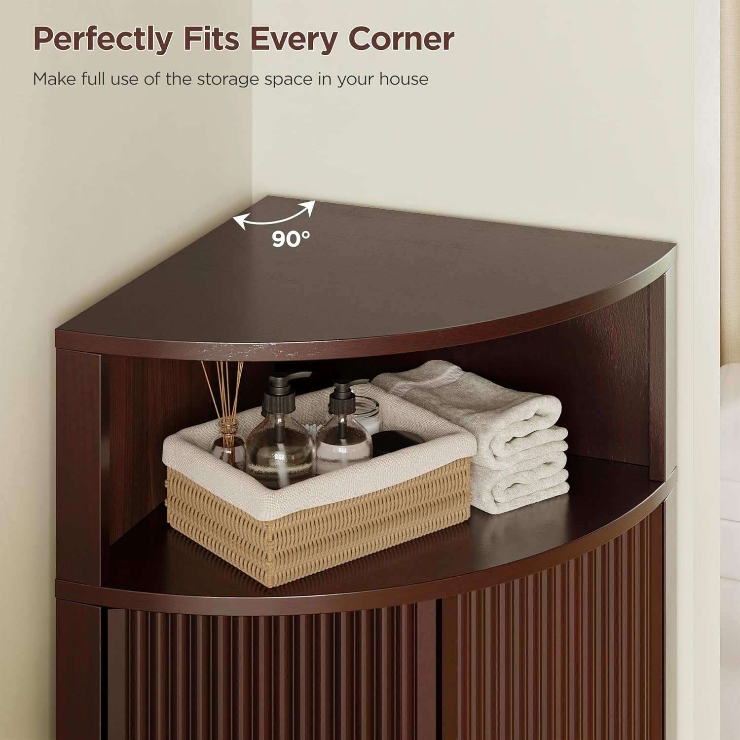 FiveWillowise Small Corner Cabinet, Modern Corner Cabinet with Fluted Door and Open Shelf, Space Saver for Home Corner, Living Room, Kitchen, Bathroom, Brown