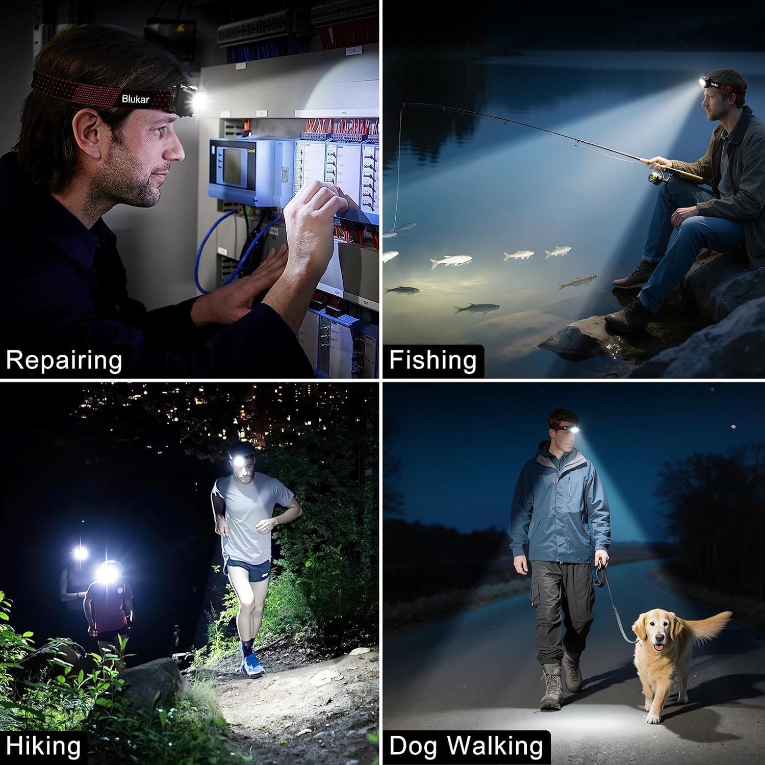 Collage of four Blukar rechargeable head torch usage scenes at night: Top-left shows a man wearing the Blukar headlamp while repairing electrical panels and equipment indoors; top-right depicts a fisherman sitting by a lake at dusk, using the bright beam to light up the water and visible fish; bottom-left features a runner in shorts and t-shirt jogging on a dark trail with the headlamp illuminating the path; bottom-right shows a person in a jacket walking a golden retriever dog along a nighttime path, beam lighting the way ahead. Labels include 
