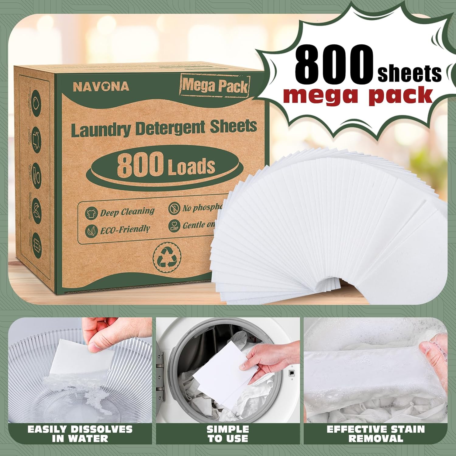 800 loads mega pack laundry detergent sheets, eco-friendly laundry sheets, powerful cleaning, suitable for homes, dorms, and apartments - [fresh scent] 800-loads [fresh scent]