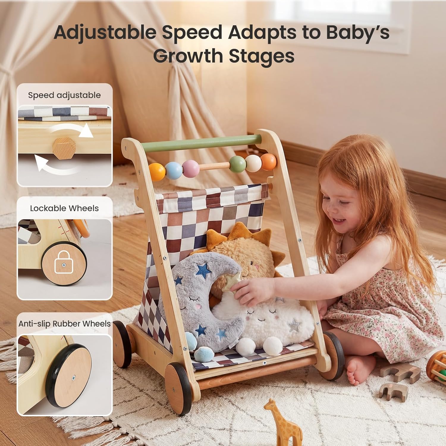 Image showing the adjustable speed mechanism, lockable wheels, and anti-slip rubber wheels of the GROWNSY Wooden Baby Walker.