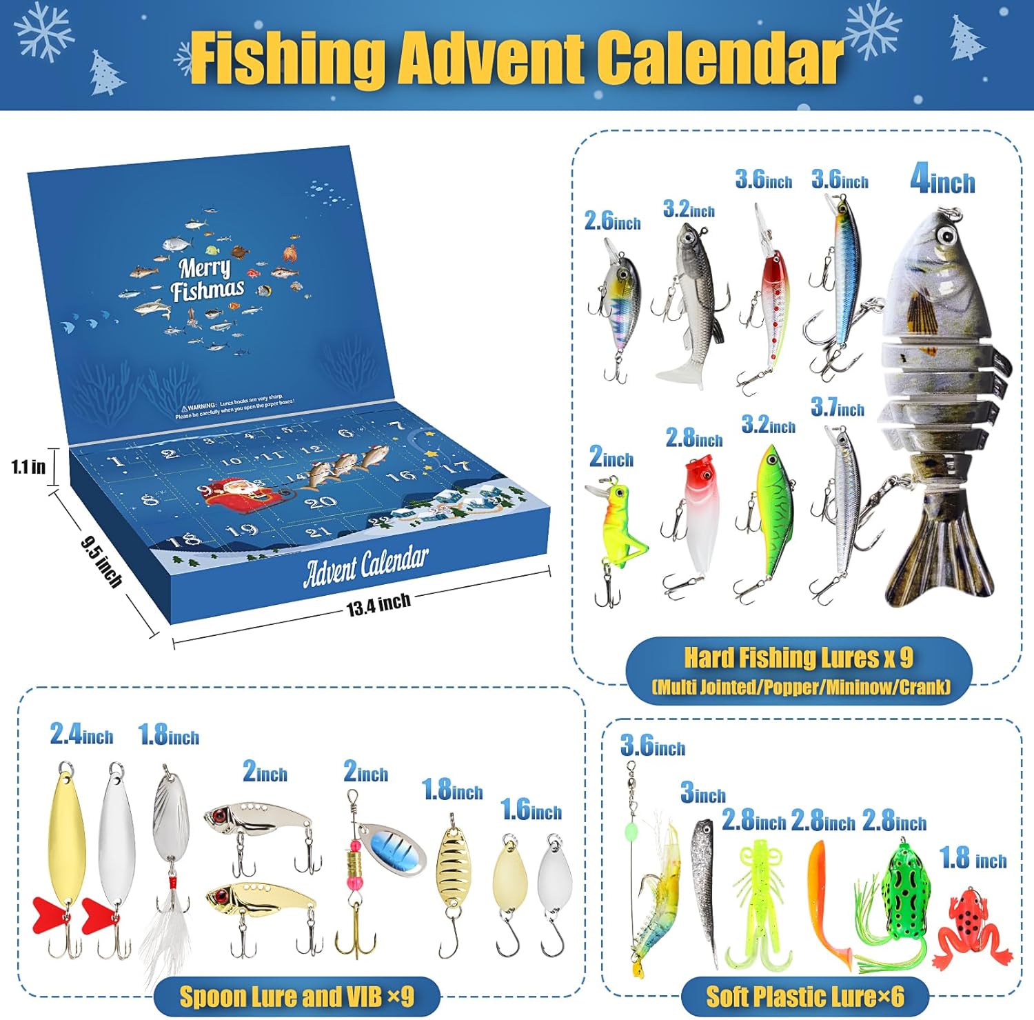 Advent Calendar 2025 Fishing Lure for Men Teen Boys,24 Day Christmas Countdown Fishing Lure Tackle Kit Soft Lures Spoons Minnow Popper Crankbait VIB,Fishing Xmas Gifts for Fisher Father Grandpa