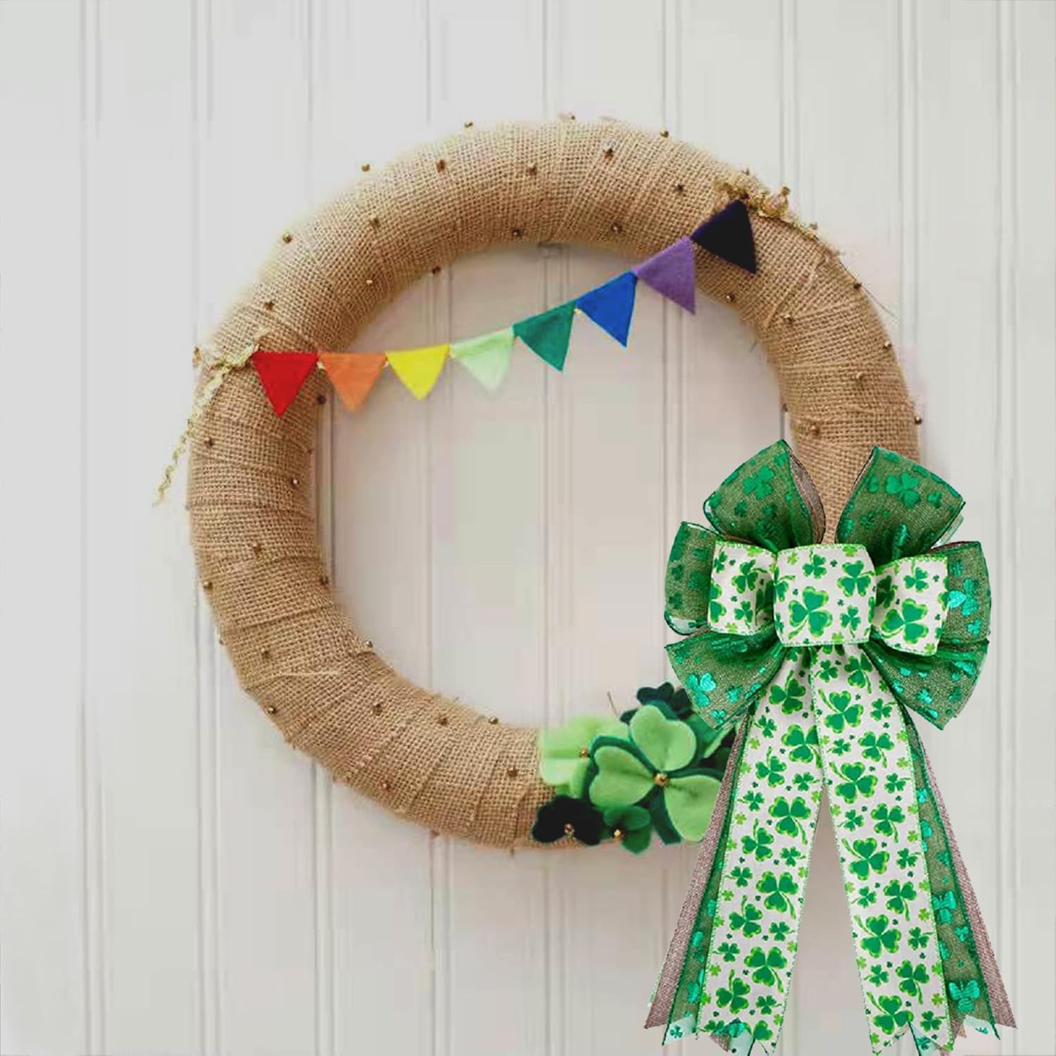 St Patricks Day Bow for Wreath Decorations,St Patricks Day Tree Topper Bows,Large Burlap White Green Glitter Shamrock Bowknot Irish Holiday Crafts Bows for Front Door Outdoor Outside - Image 4