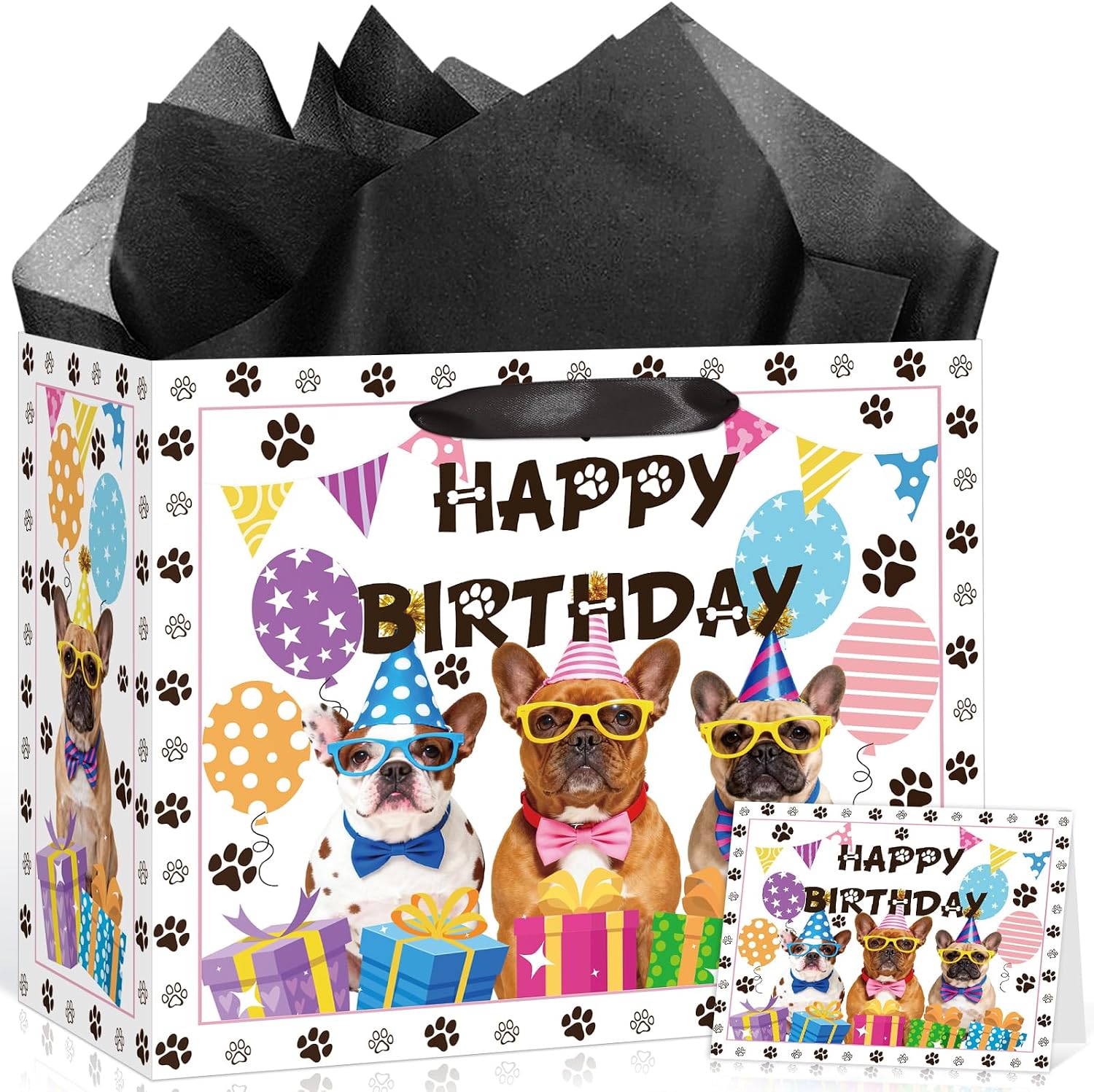 Large Bulldog Birthday Gift Bag Funny French Bulldog Dog Gift Bag with Birthday Wrapping Paper and Greeting Card Cute Dog Doggy Puppy Pet Paw Party Favor Bags for Girl Boy Men Women Theme Decorations