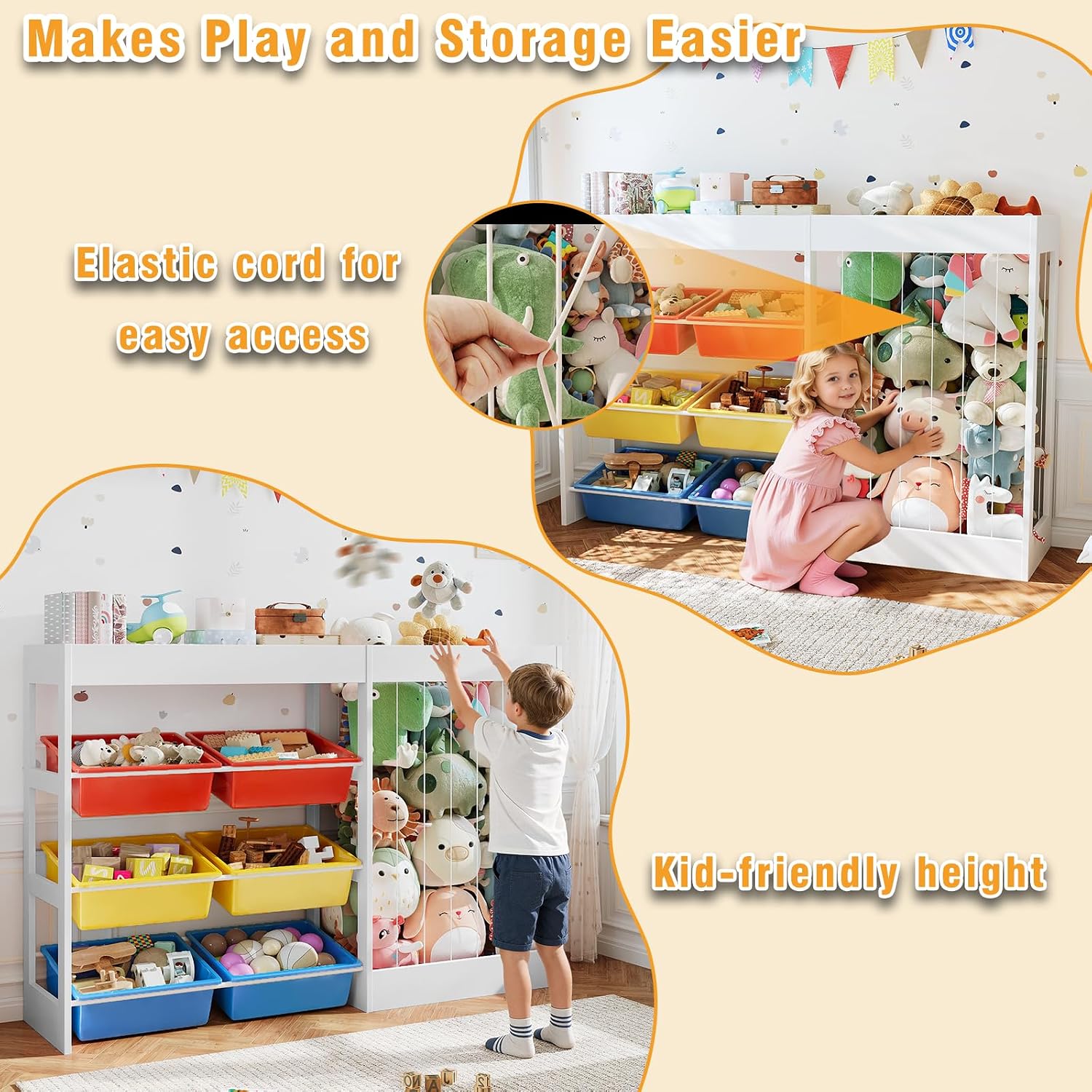 50.6" W X 39.4" H Toy Organizer, Large Toy Storage with 153L Stuffed Animal Storage for 80+ Medium Plushies, 6 Plastic Removable Bins, Toy Organizer Shelf for Girls Boys Playroom, Kids Room