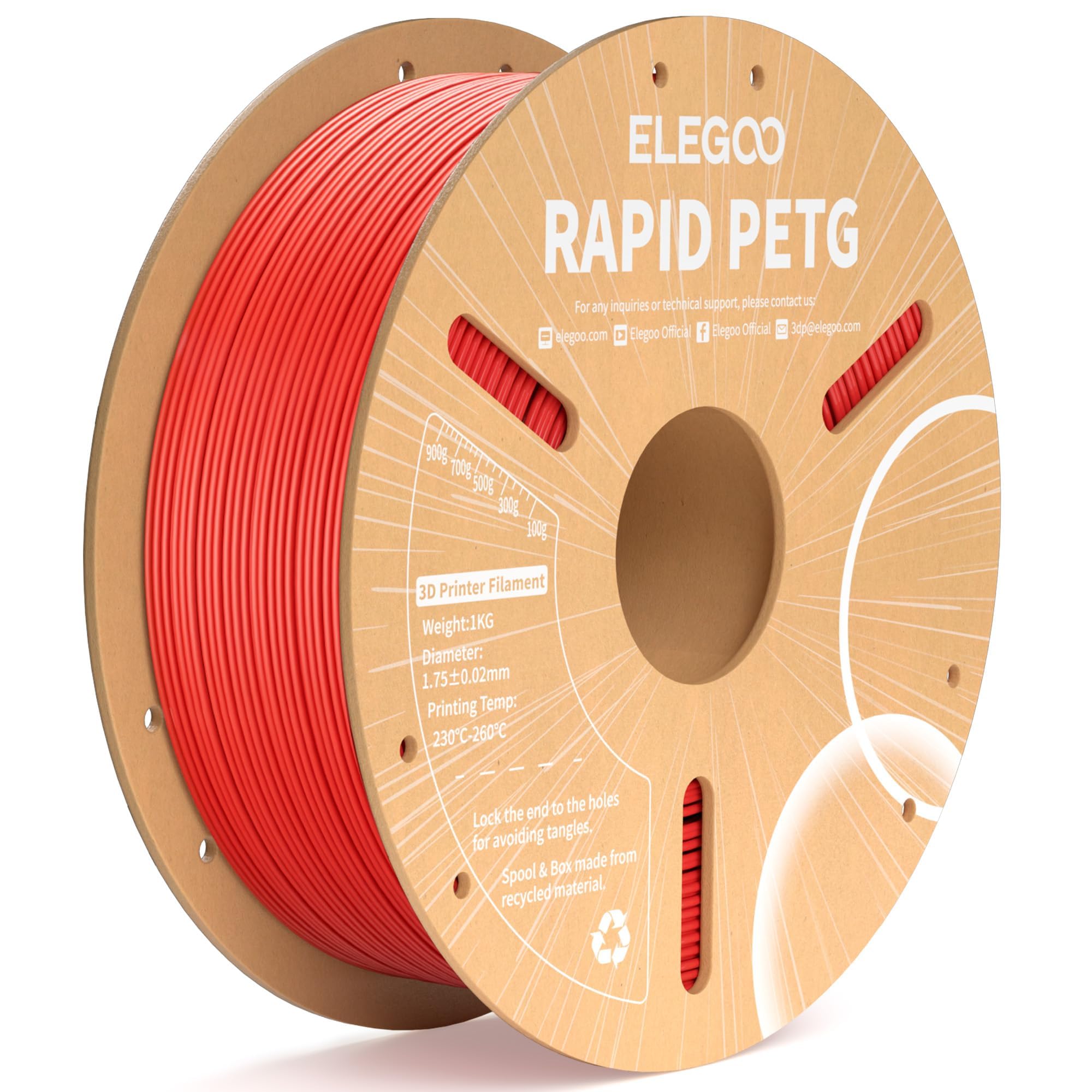 ELEGOO Rapid PETG Filament 1.75mm Red 1KG, High Speed 30-600mm/s 3D Printer Filament Dimensional Accuracy +/- 0.02 mm, 1kg Cardboard Spool(2.2lbs) Fits for Most FDM 3D Printers