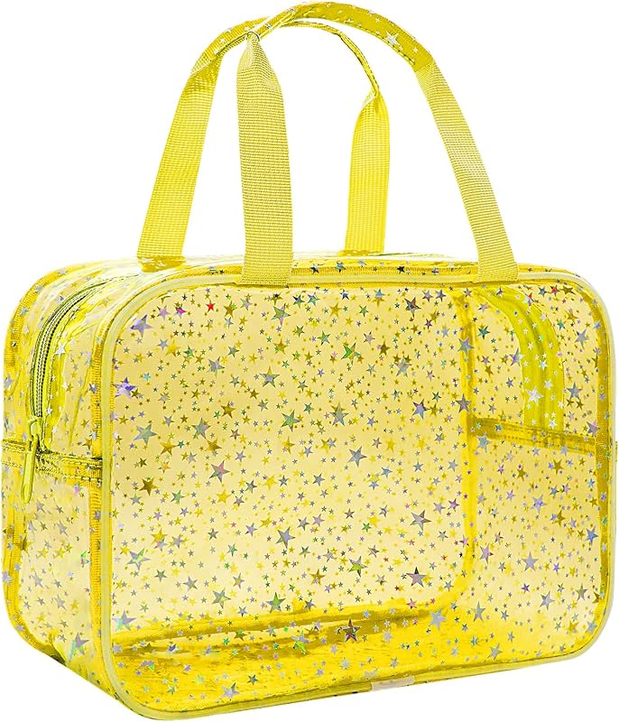 Junesters Necessaire de maquiagem amarela transparente com estampa de estrelas, 30,48 x 12,7 x 20,32 cm, zíper e alça