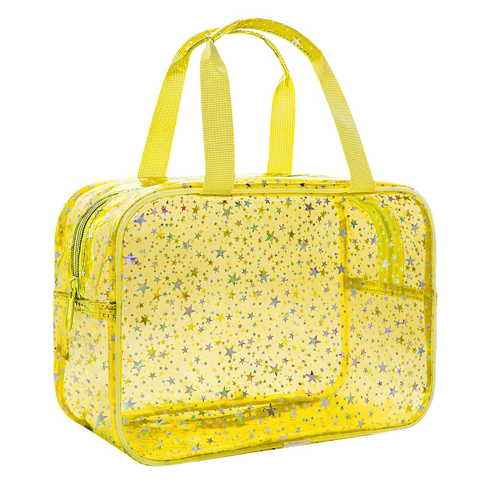 Junesters Clear Yellow Star Large Makeup Bag with Star Pattern 12x5x8 inch, Travel Cosmetic Bag with Handle, Durable PVC Material Washbag Zipper