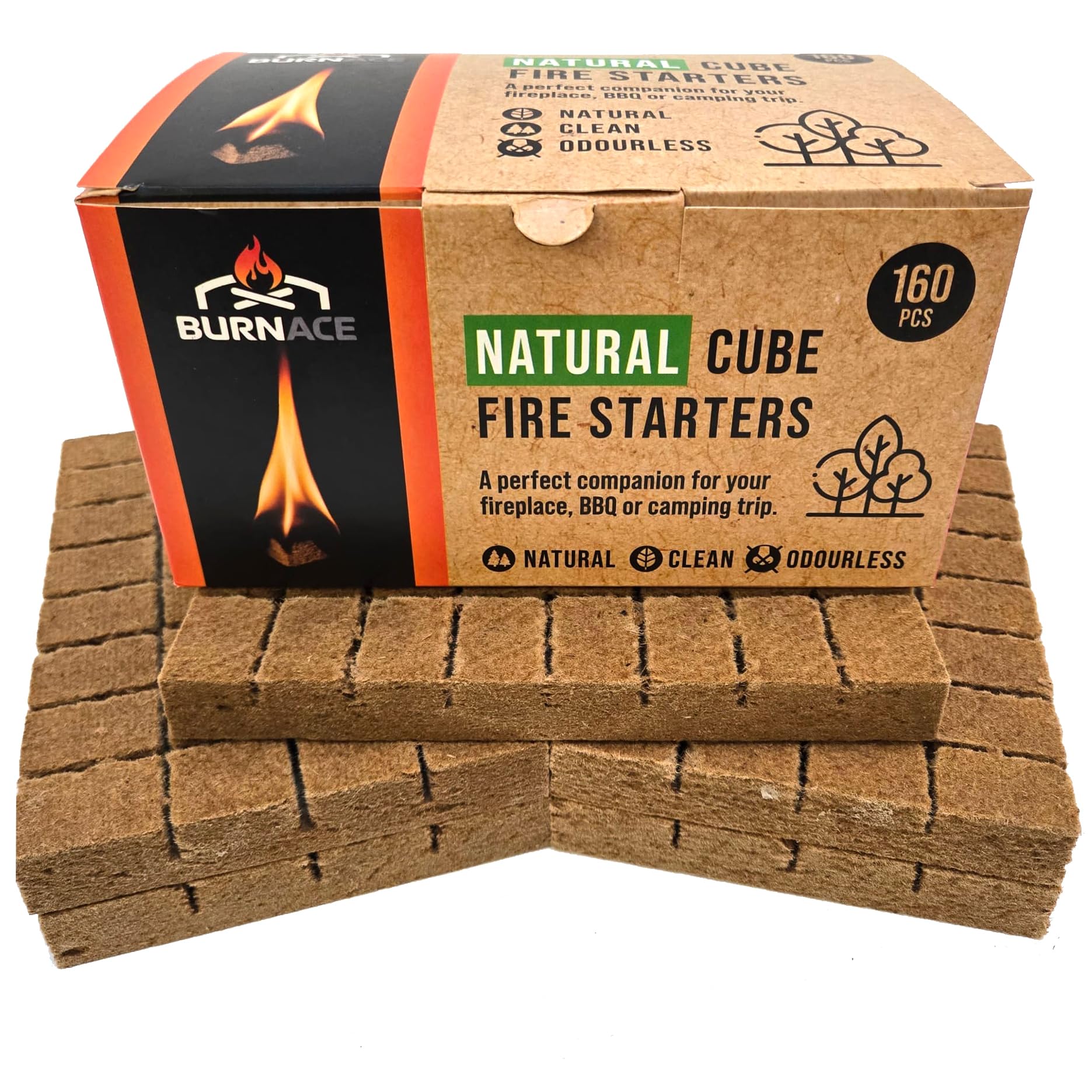 Burnace Natural Cube Fire Lighters/Fire Starters - 160 Camping Firelighter Pack - Fireplace's, Stoves Or Bbq's