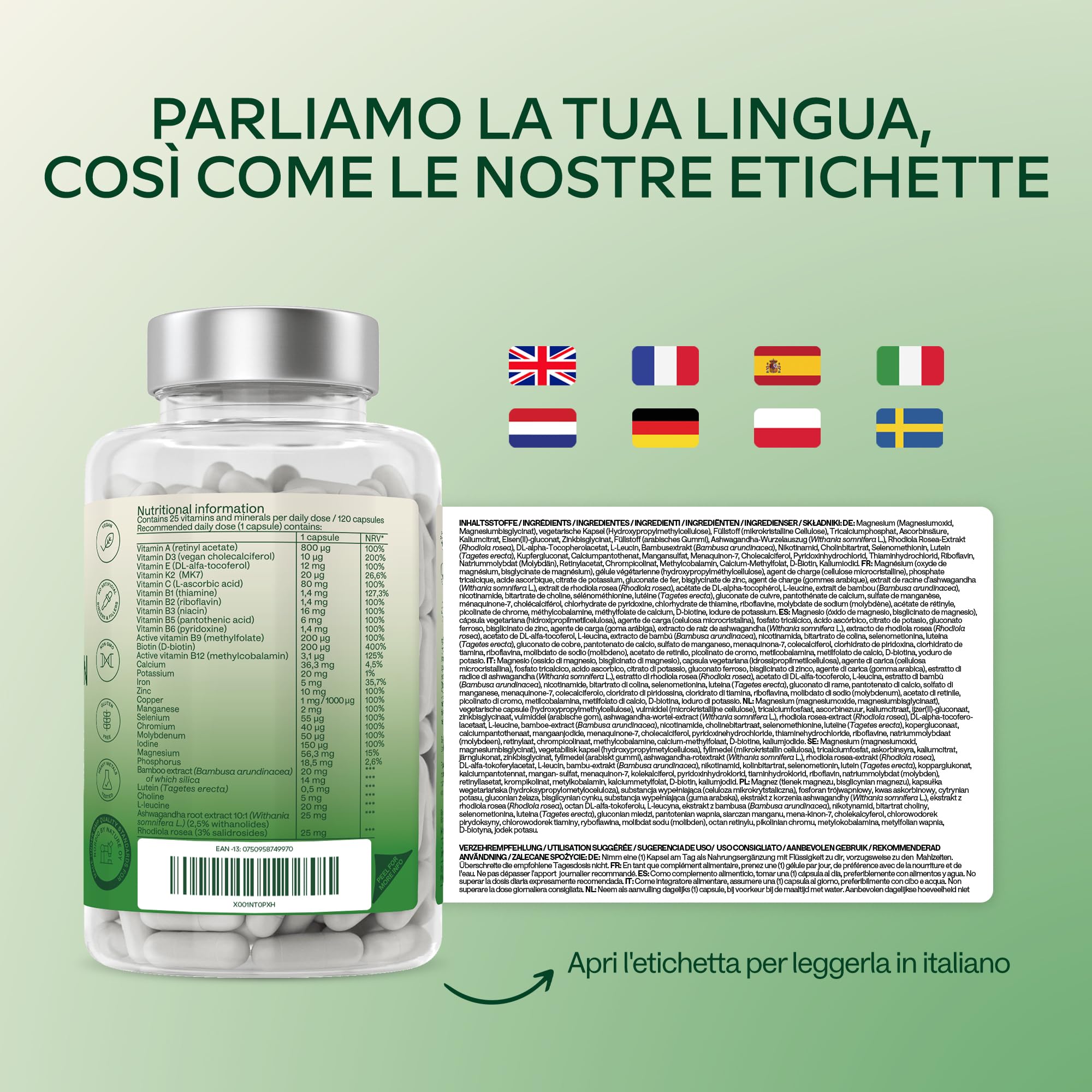 Multivitaminico Completo 25 Vitamine e Minerali Ashwagandha Rhodiola Rosea, Integratore Multivitaminico Donna Uomo Difese Immunitarie Adulti Vitamina D Vitamina C Zinco Magnesio e Potassio -120Capsule