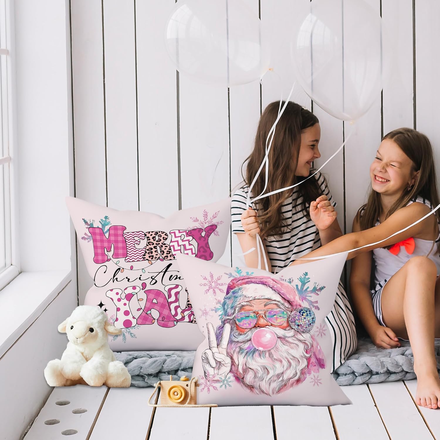 Pink Christmas Santa Decorative Throw Pillow Covers Set of 2, Funny Trendy Disco Hat Pillows Covers for Girly Room, Retro Preppy Coquette Pillow Cases Decor for Couch Bedroom Winter 18x18in - Image 4