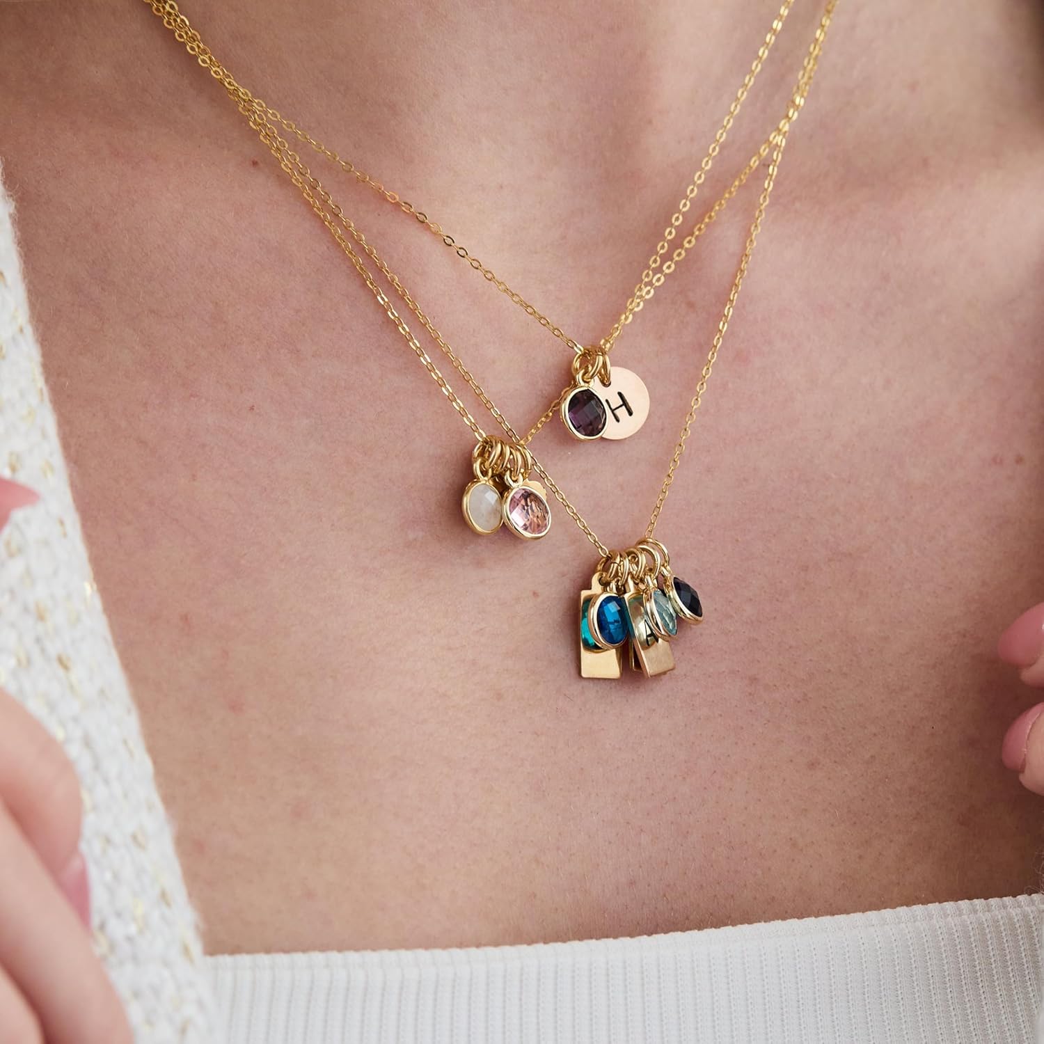 EVE'S ADDICTION Gold Hand Stamped Initial Necklace with Birthstone Charm - Gifts for Mom - Image 6