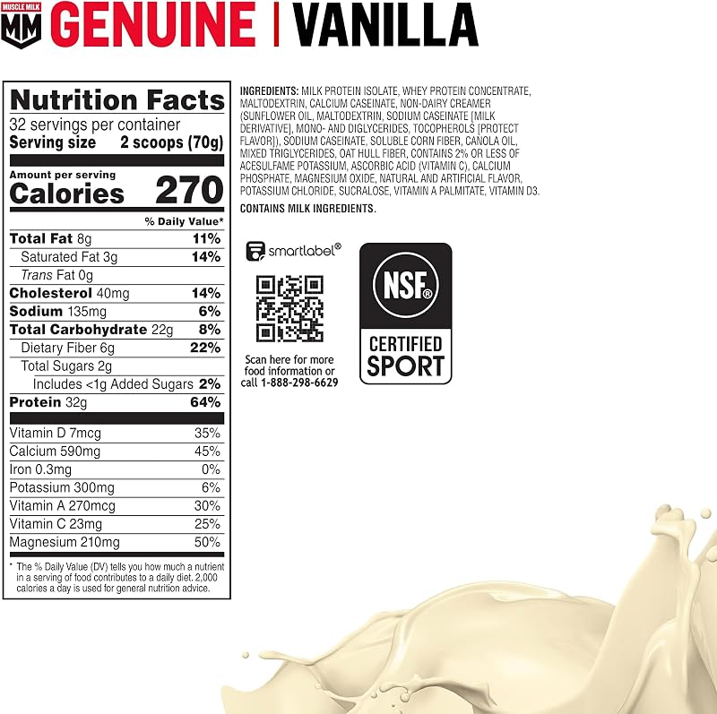 Muscle Milk Genuine Protein Powder, Vanilla Creme, 32g Protein, 4.94 Pound, 32 Servings image 2