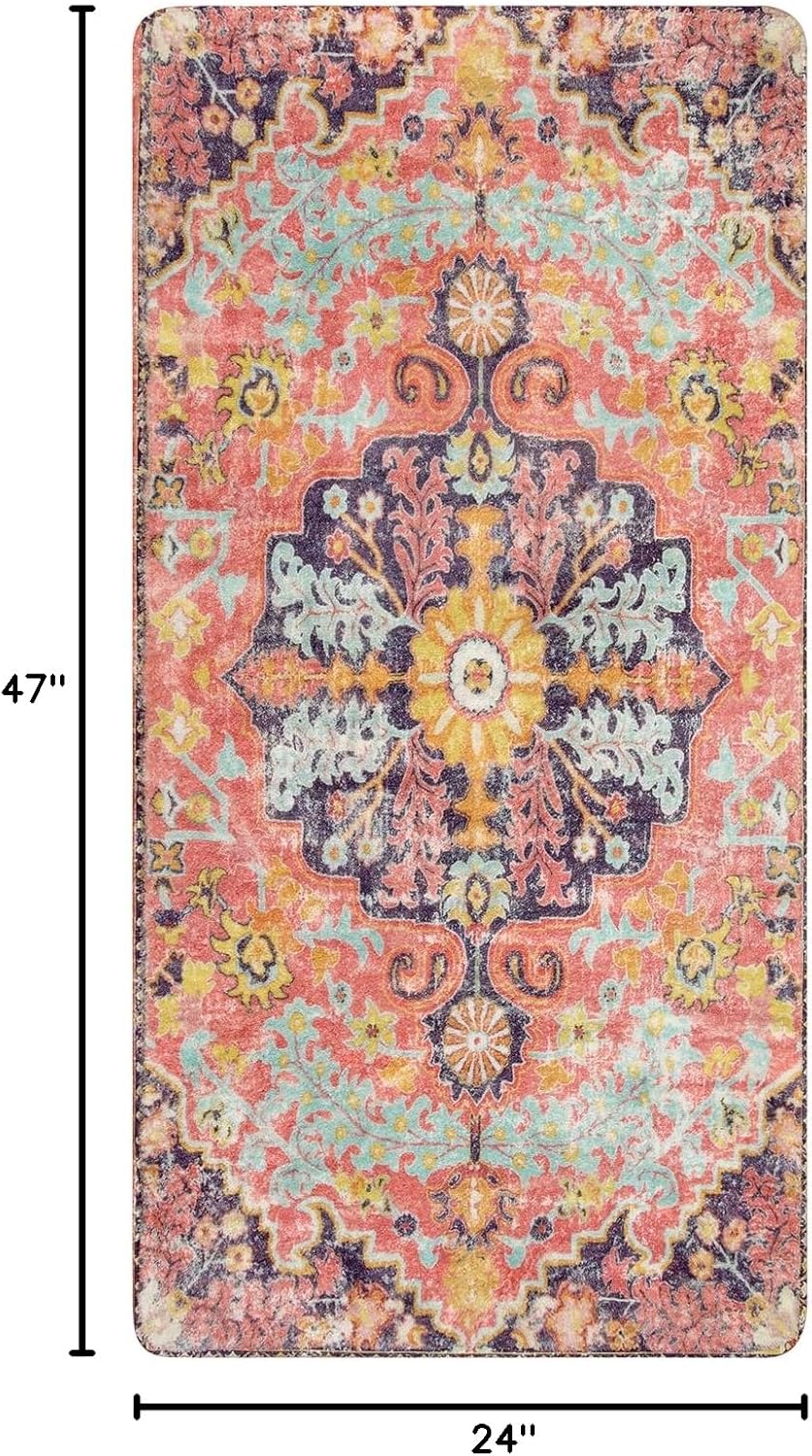Lahome Reine Bohemian Floral Medallion Runner Rug, 2x4 Pink Bathroom Rug Runner, Machine Washable Non-Slip Hallway Mat Indoor Laundry Carpet Runners for Kitchen Living Bedroom, Fuchsia/Multi