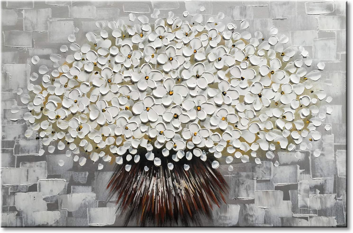 Hand Painted Textured White Flower Oil Painting Grey Abstract Wall Art Decor