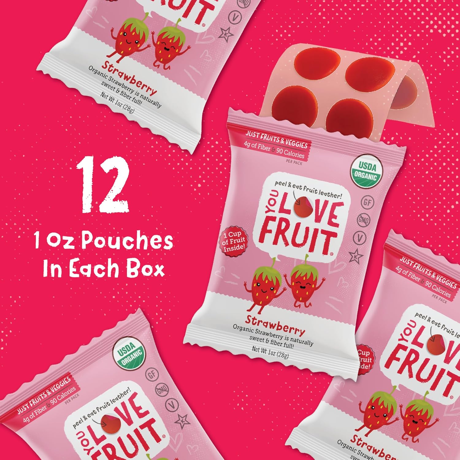 YOU LOVE FRUIT - STRAWBERRY All Natural Fruit Snacks, Healthy Snack Pack, Real Fruit! Gluten Free, Non GMO, Vegan, Fiber packed, Low Fat, Kosher, Variety Pack, Great For Adding To Gift Box, 1.0 oz (Pack of 12)
