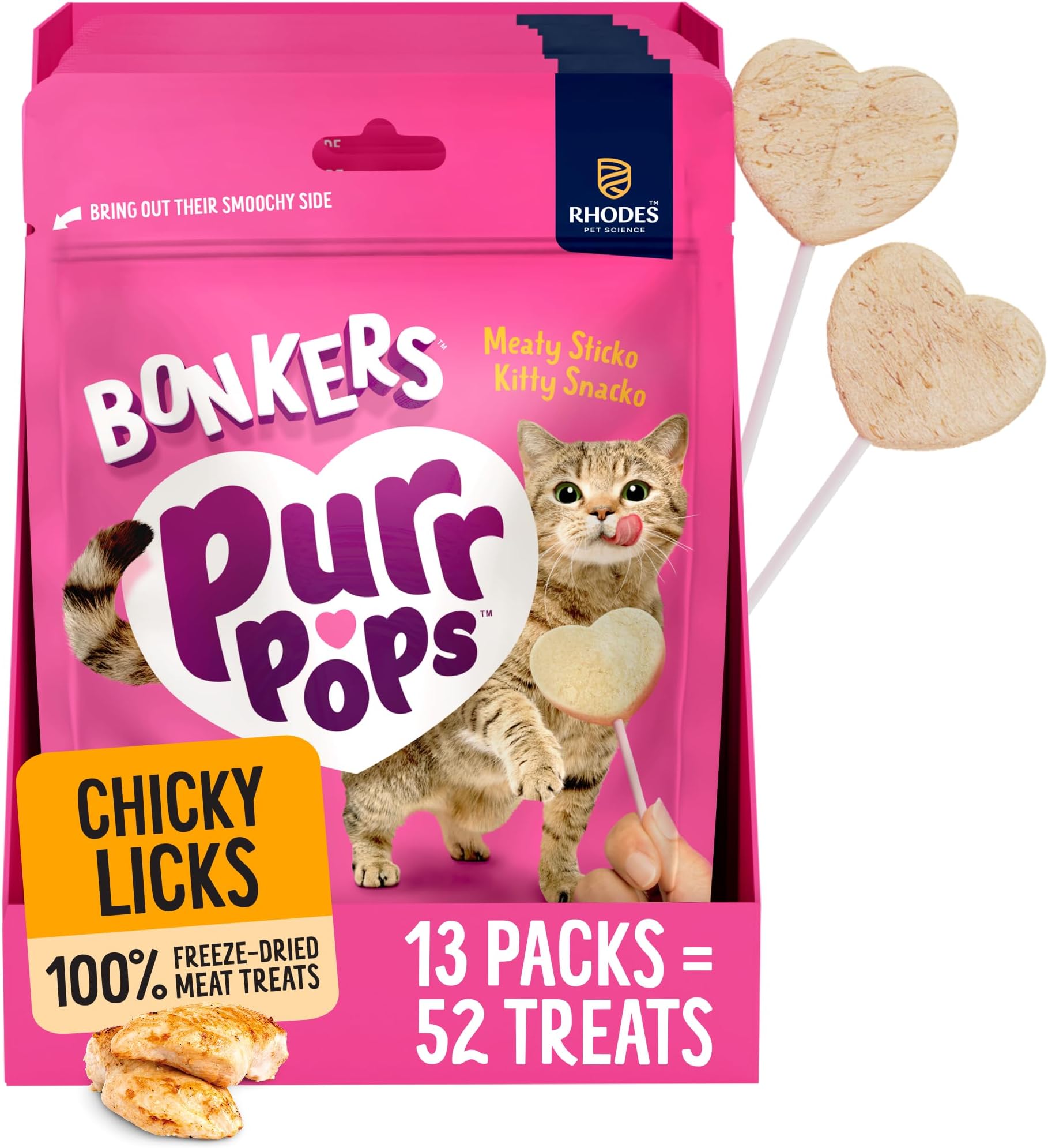 Bonkers Purrpops, Freeze Dried Chicken Flavor Lollipop Cat Treats, Healthy Single Ingredient Treats, Training Treats or Food Topper, for All Breeds and Ages, Value Pack (13 Pack, 52 Pieces)