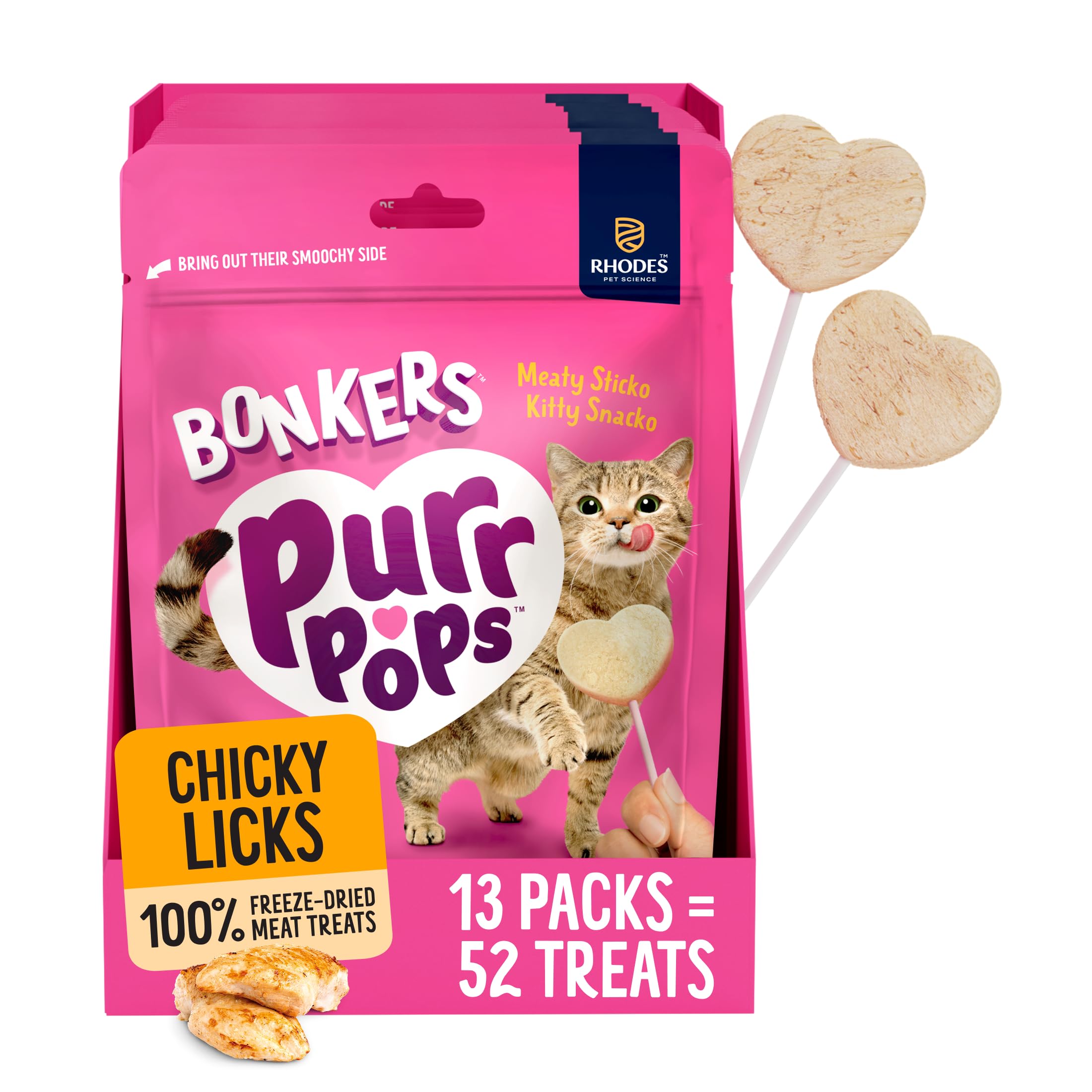 BONKERS Purrpops Cat Treats 13 Pack with 4 Lollipops Each, Freeze Dried Chicken Flavoured Pet Snacks, 52 Lollipops Total