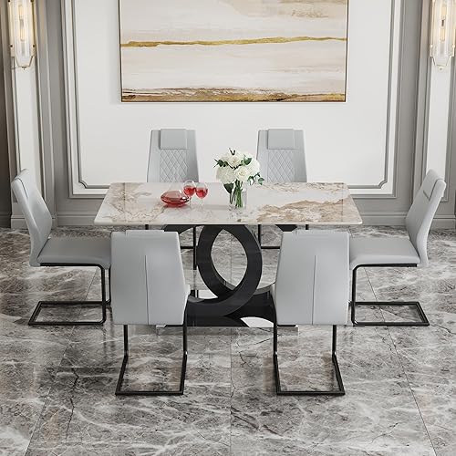 Miniatura 7 de Juego de mesa de comedor de 63'' para 6, juego de mesa y sillas de comedor de 6, mesa de mármol blanco sintético con patas de MDF y 6 sillas 2-Mesa