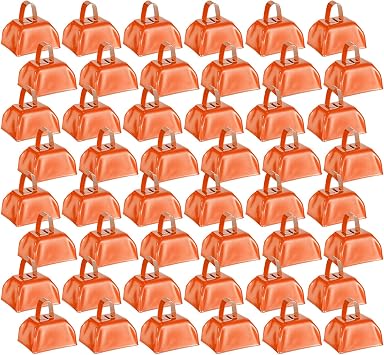 48 Pcs Metal Cowbells with Handles Loud Noise Makers Small Hand Percussion Cowbells for Football Events, Wedding, Graduation Team CheeringOrange