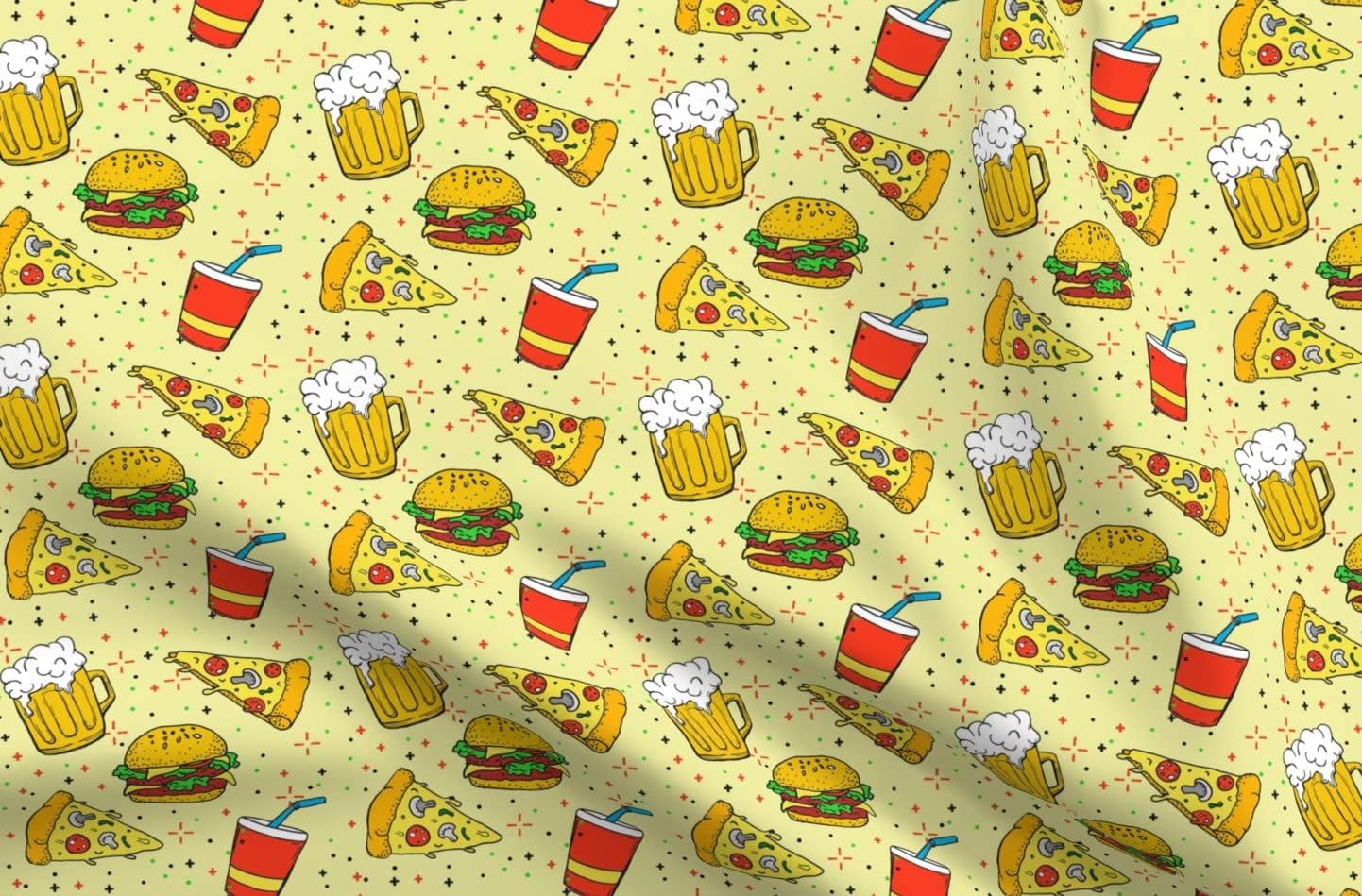 Spoonflower Fabric - Hand Drawn Food Pizza Beer Kitchen Cook Cooking Trendy Printed on Organic Cotton Sateen Fabric by The Yard - Sewing Quilting Apparel Home Decor