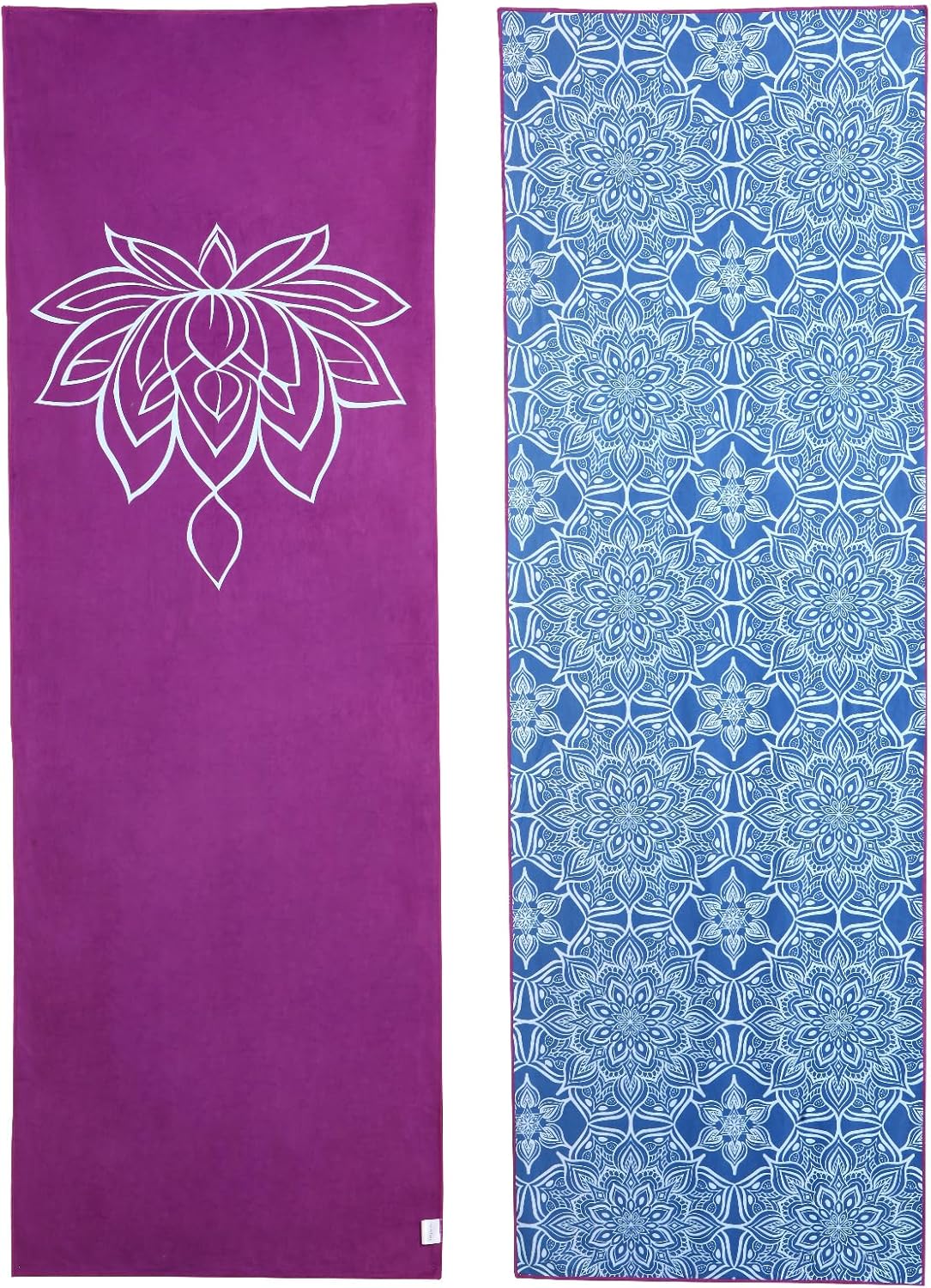 Double Printed Yoga Mat Towel - Absorbent, Non-Slip, Quick Drying Microfiber Towel with Skidless Technology for Hot Yoga, Pilates, Beach, and General Fitness (Light Blue)