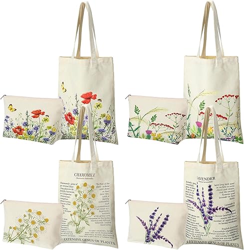 Pinkunn Juego de 8 bolsas de flores y bolsa de maquillaje, bolsa de lona botánica de flores silvestres, bolsa de mano reutilizable para cosméticos