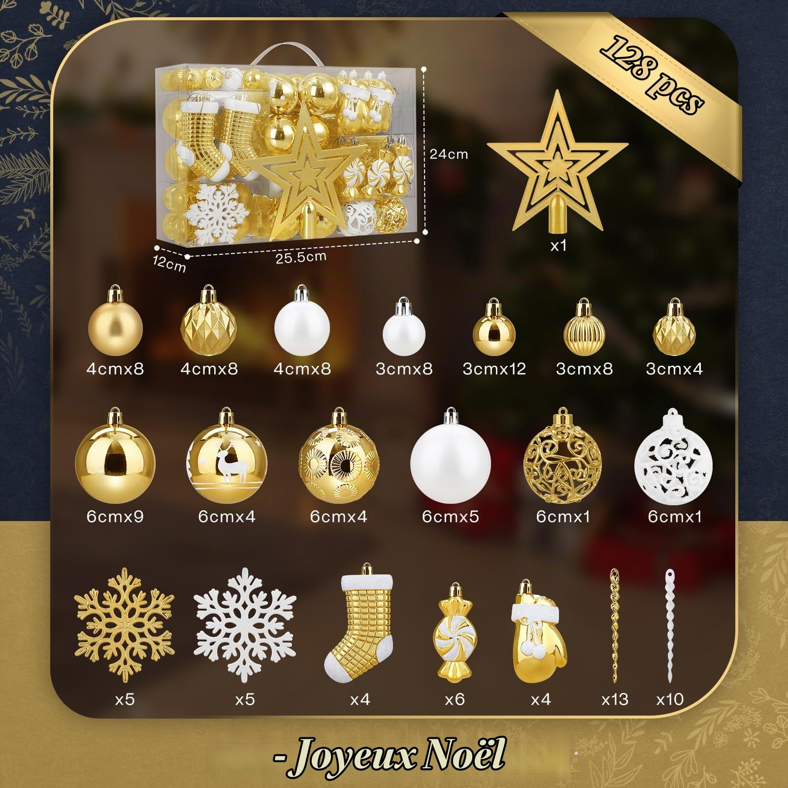 SOLEDI Lot de 128 Boule de Noel - Decoration Noel Sapin - Boules de Noël en Plastique Incassable - pour Decoration Noel Extérieur ou Intérieure - Décorer Sapin de Noël - Deco Noel (Or et Blanc)