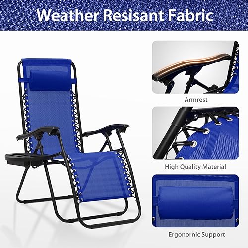 Miniatura 6 de Sillas de gravedad cero, sillas reclinables plegables portátiles con almohada ajustable y bandejas portavasos, para exteriores, patio, playa,