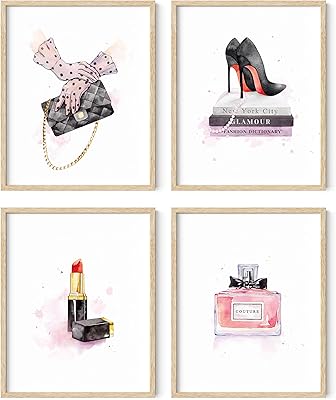 HAUS AND HUES Makeup Wall Decor for Makeup Room - Set of 4 Makeup Pictures Wall Decor, Lipstick Picture Wall Decor Designer Wall Art, Makeup Pictures Wall Decor Vogue Wall Art (Framed Beige 16x20)