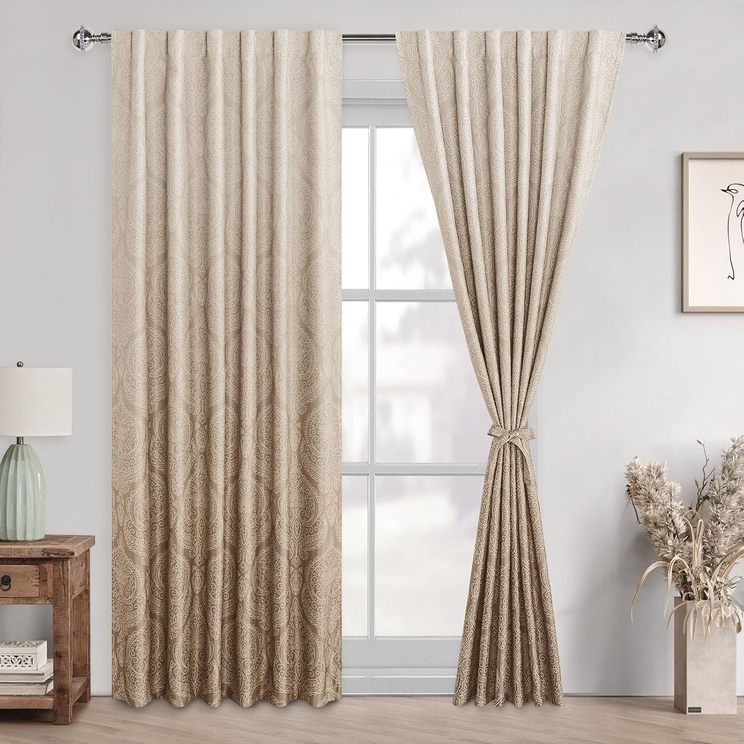 DWCN Room Darkening Curtains 84 inches Length - Back Tab Ombre Damask Patterned Tieable Window Drapes Thermal Insulted Light Blocking Curtains for Bedroom, Living Room, 2 Panels, W52 x L84, Taupe