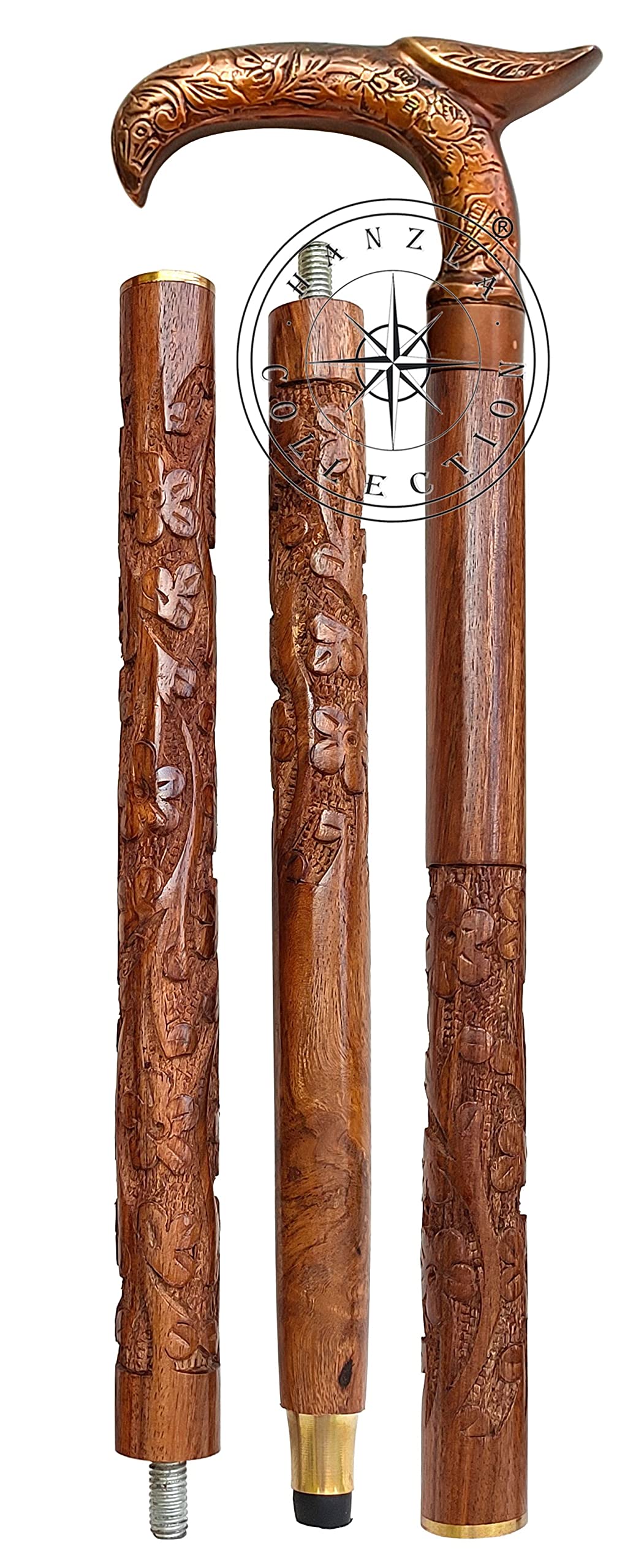 Antique Brass Handle Walking Stick - Hand Crafted Carving Shaft Unisex Walking Cane and Wooden Walking Stick for Men and Women