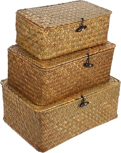 Cesta de almacenamiento de ratán organizador de maquillaje contenedor multiusos con tapa (SML)