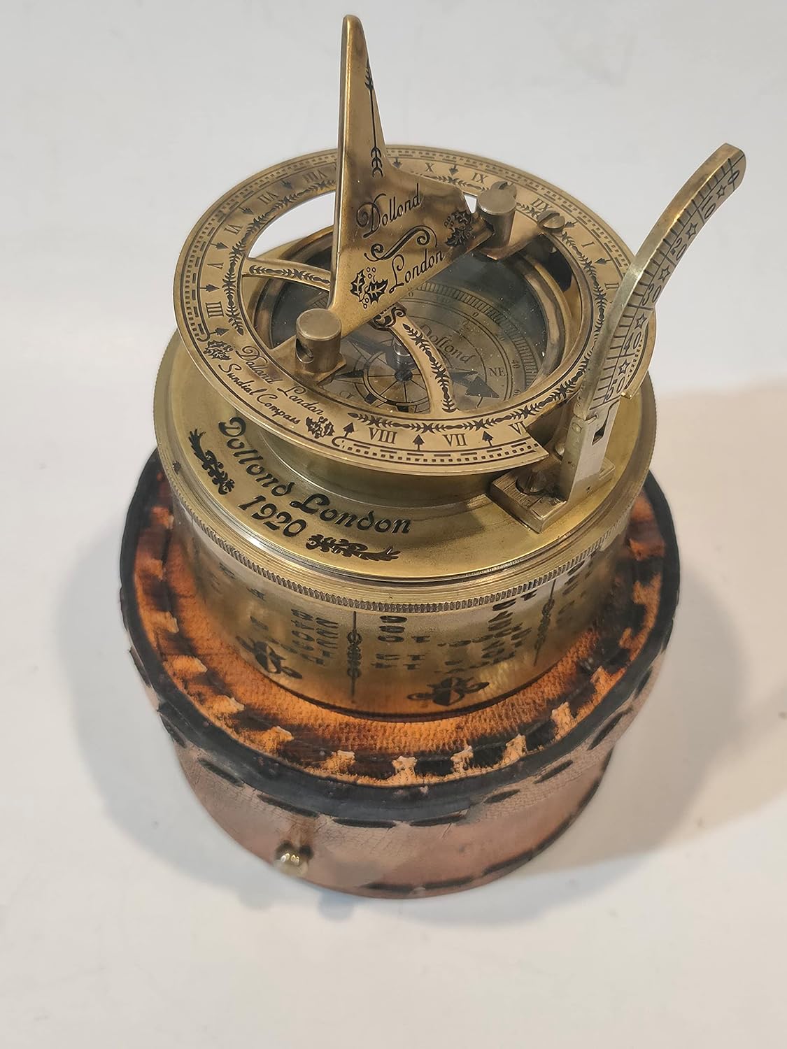 Crafts and Engraving 7 cm Nautical Engraved Brass Box Sundial with Compass Calendar with Leather Box, Table top Decor, Gift Item, Collectible