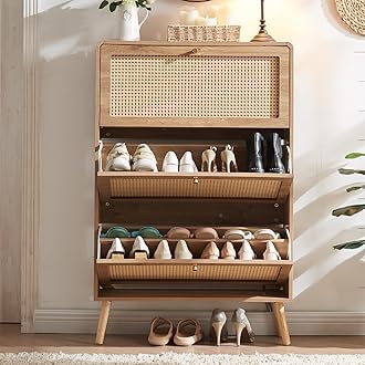Rattan Shoe Cabinet with 3 Flip Drawers, 24 Pairs Narrow Shoe Storage Cabinet for Entryway Freestanding Hidden Shoe Rack, Modern Slim Wood Shoe Organizer for Hallway, Natural