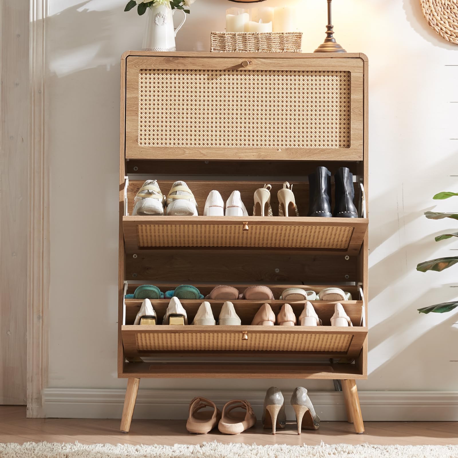 Rattan Shoe Cabinet, Slim Shoe Storage Cabinet for Entryway, 9.5" Narrow Flip Down Shoe Rack with 3 Drawers & Curved Corners, Freestanding Hidden Shoe Organizer, Natural Boho Style