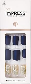 Kiss Impress Press-On Manicure, Nail Kit, PureFit Technology, Short Press-On Nails, 'Wannabe Star', Includes Prep Pad, Mini Nail File, Cuticle Stick, and 30 Fake Nails Blue and Gold